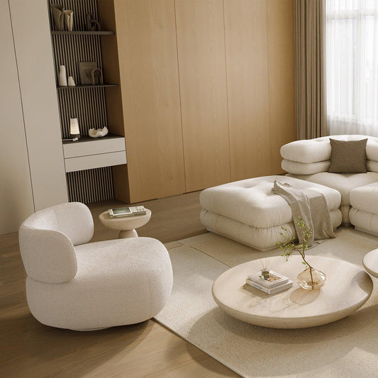 Swivel Lounge Chair in White Boucle with Curved Back