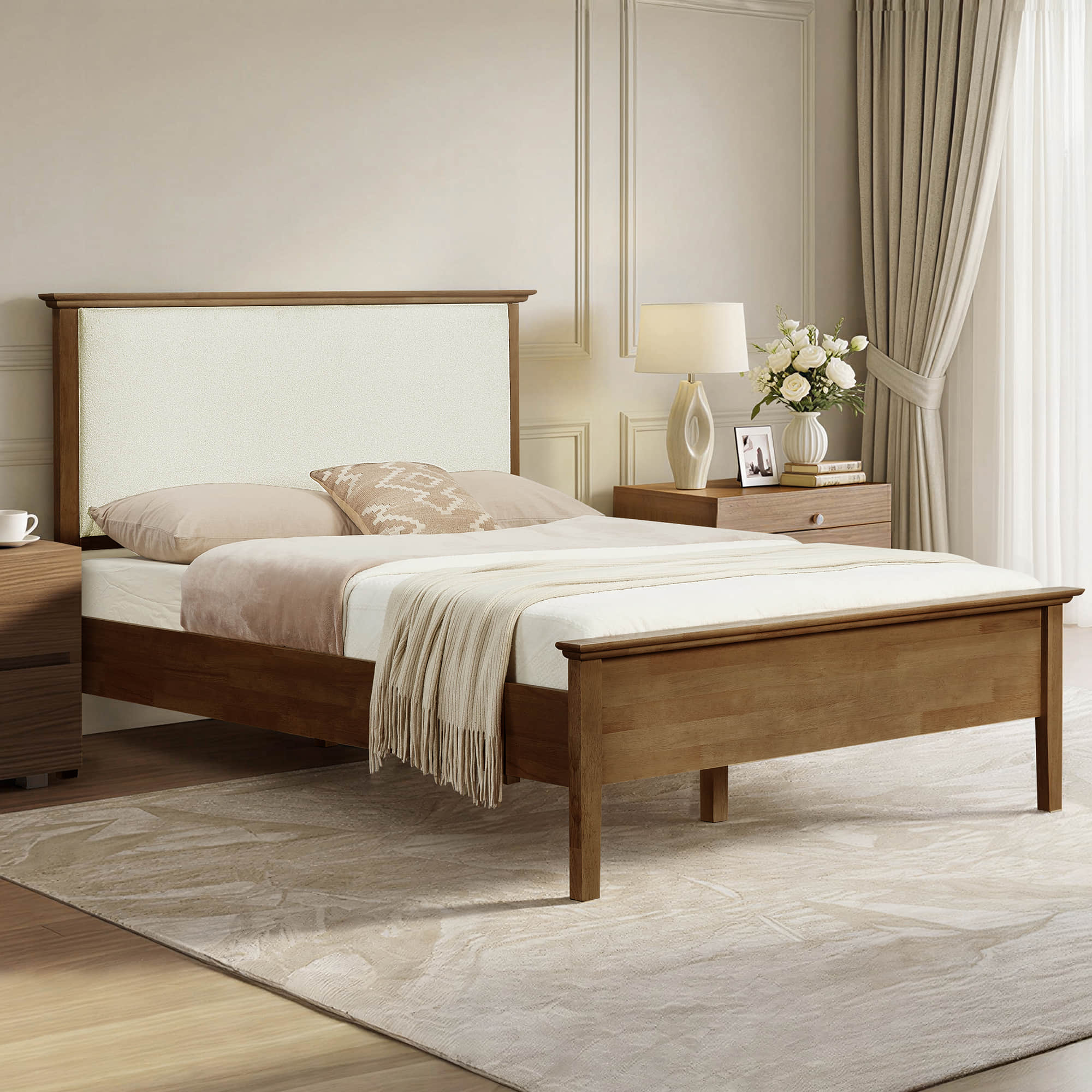 Mid-Century Boucle Platform Bed with Curved Headboard
