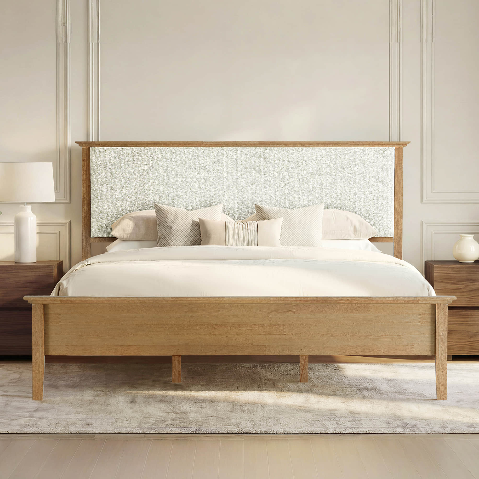 Mid-Century Boucle Platform Bed with Curved Headboard