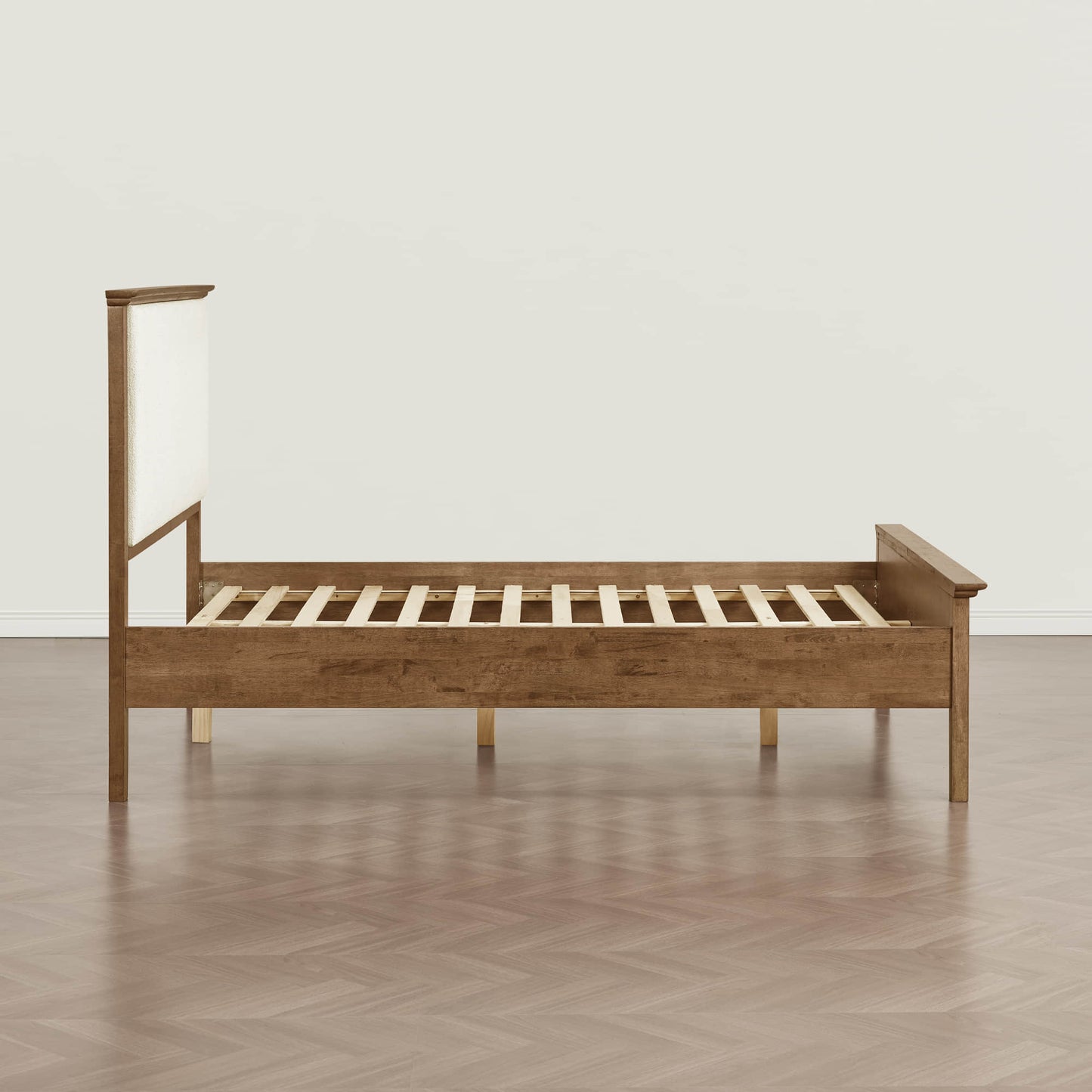 Mid-Century Boucle Platform Bed with Curved Headboard