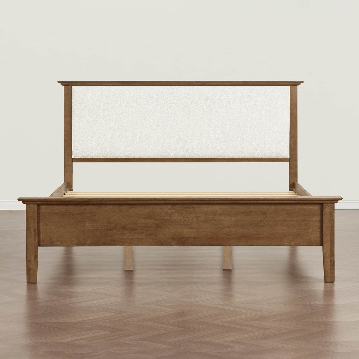 Mid-Century Boucle Platform Bed with Curved Headboard