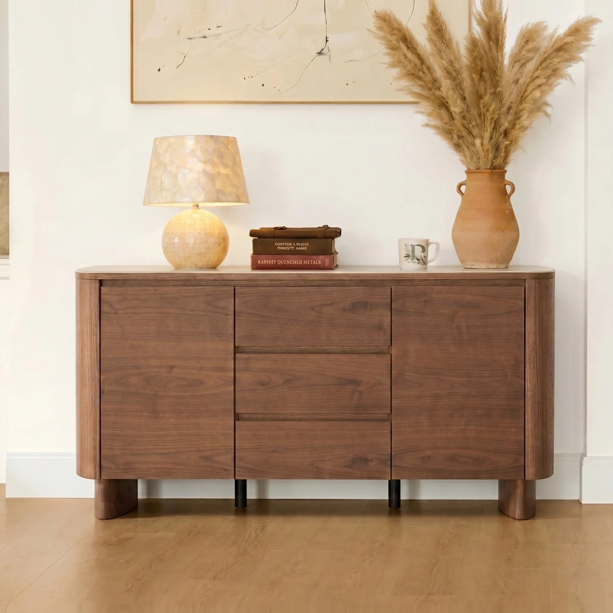 Mid-Century Natural Wood 63" Sideboard Buffet with Doors