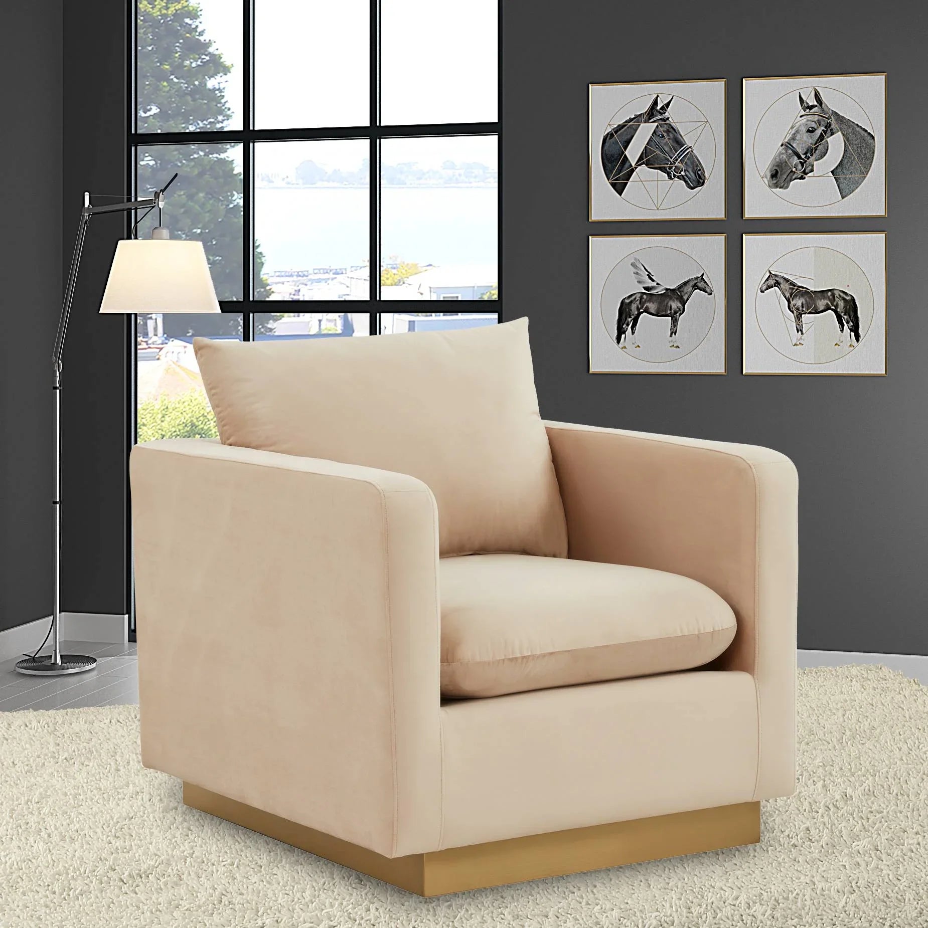 Mid-Century Velvet Accent Chair with Gold Base