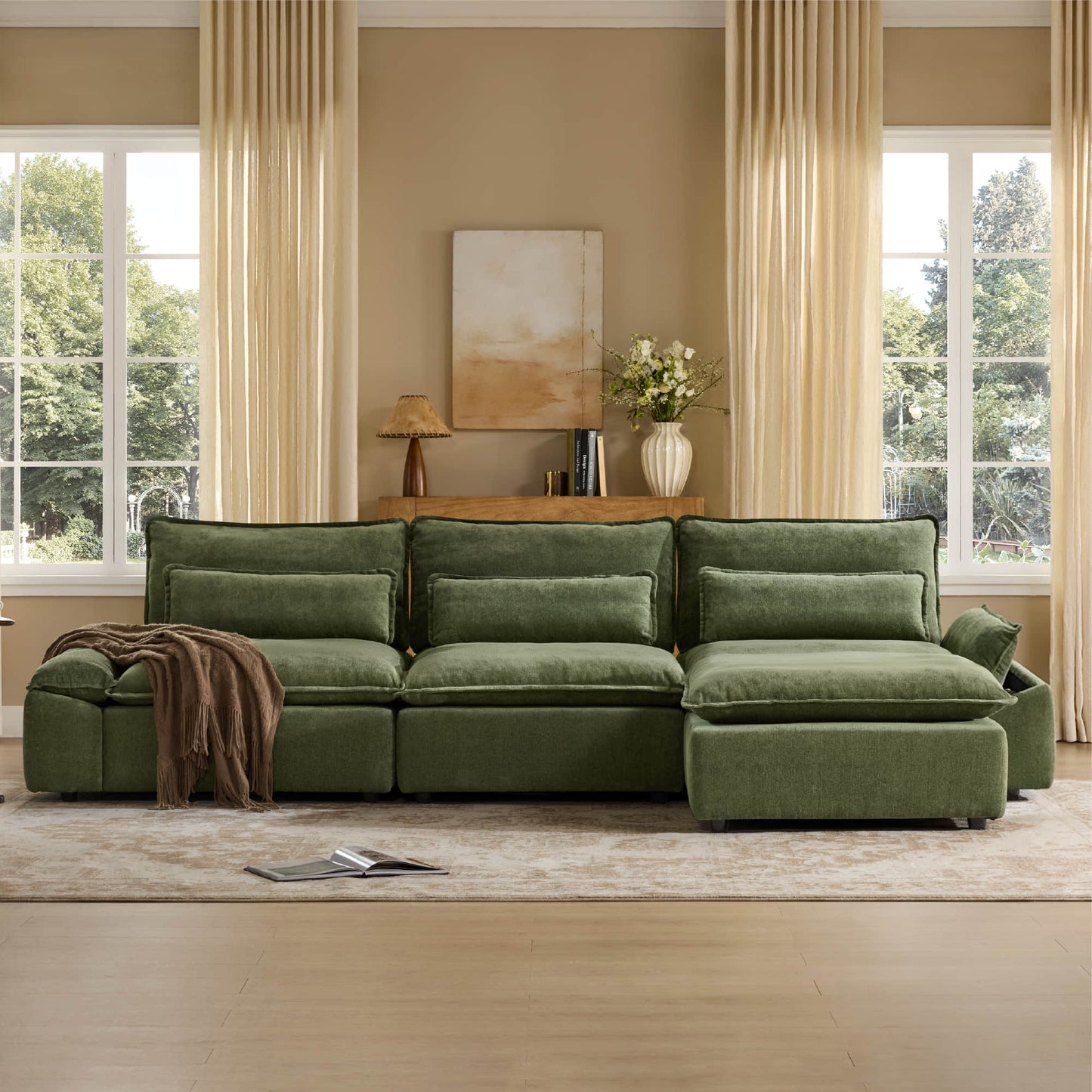 Minimalist Chenille 4-Seater Modular Sofa with Adjustable Backrest