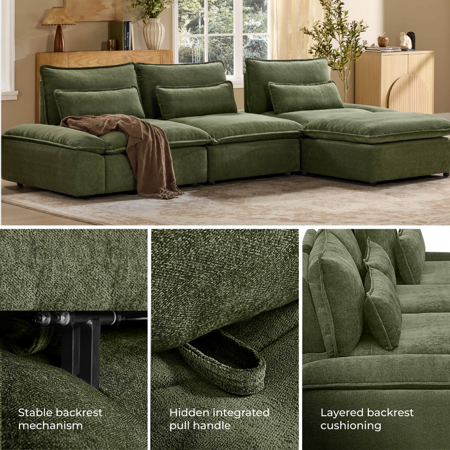 Minimalist Chenille 4-Seater Modular Sofa with Adjustable Backrest