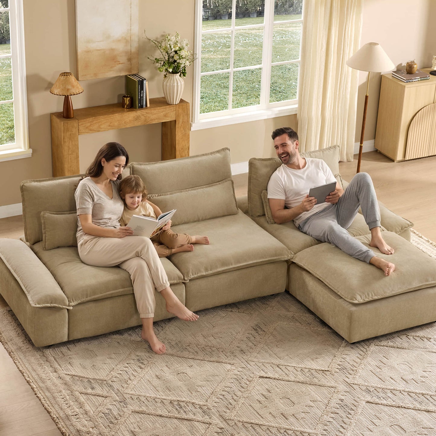Minimalist Chenille 4-Seater Modular Sofa with Adjustable Backrest