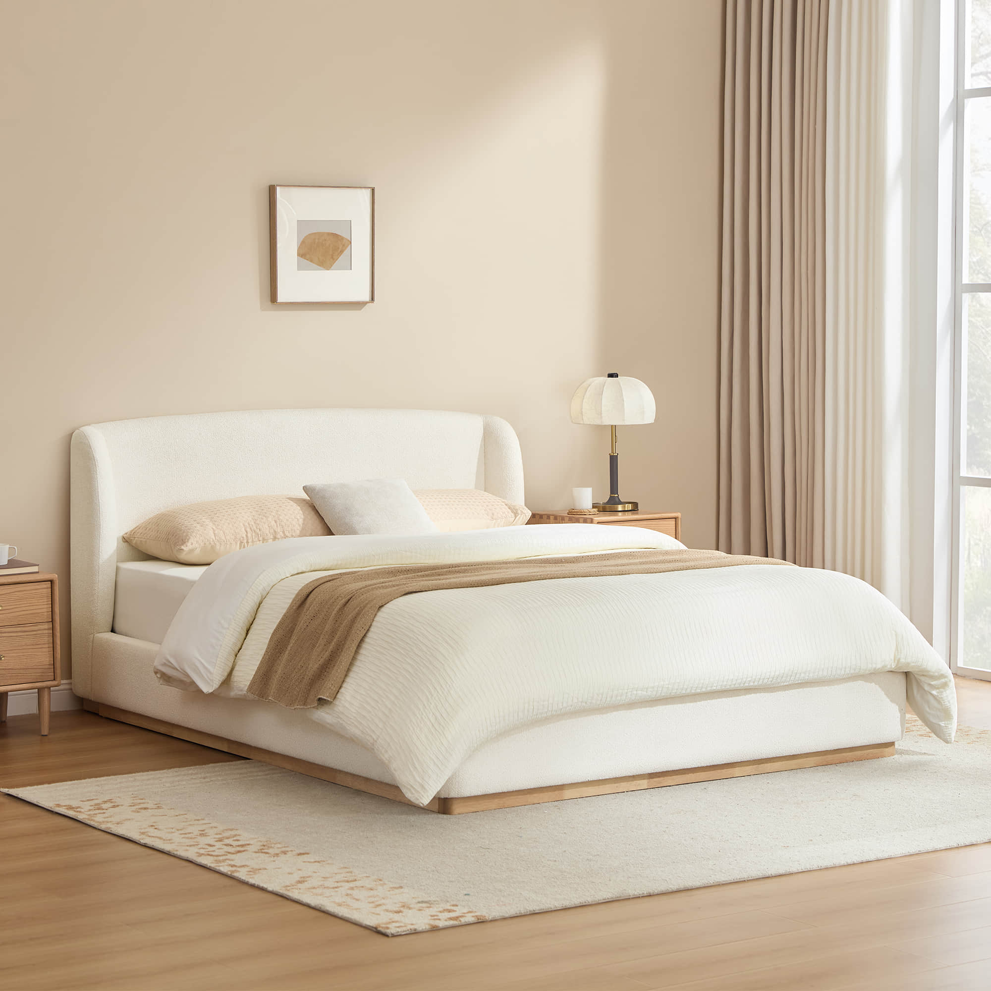 Modern Boucle Upholstered Queen Bed with Solid Wood Base