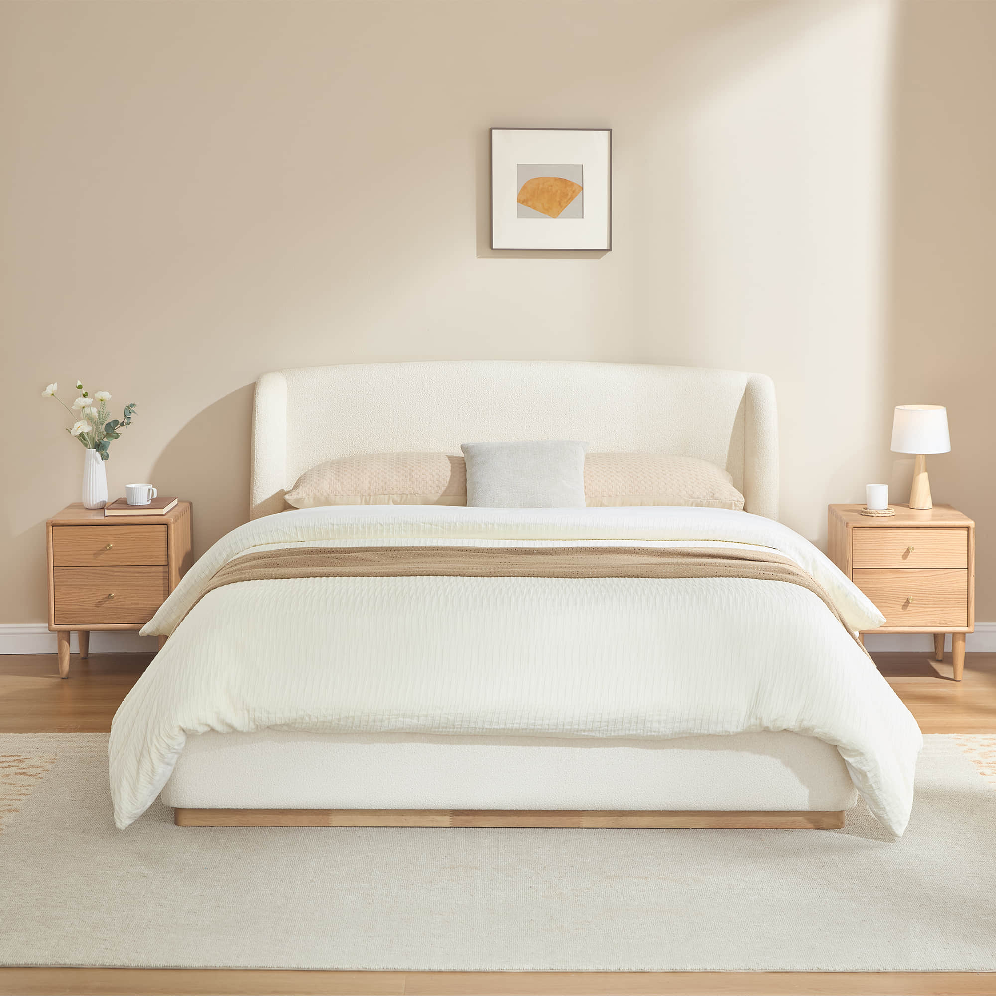 Modern Boucle Upholstered Queen Bed with Solid Wood Base