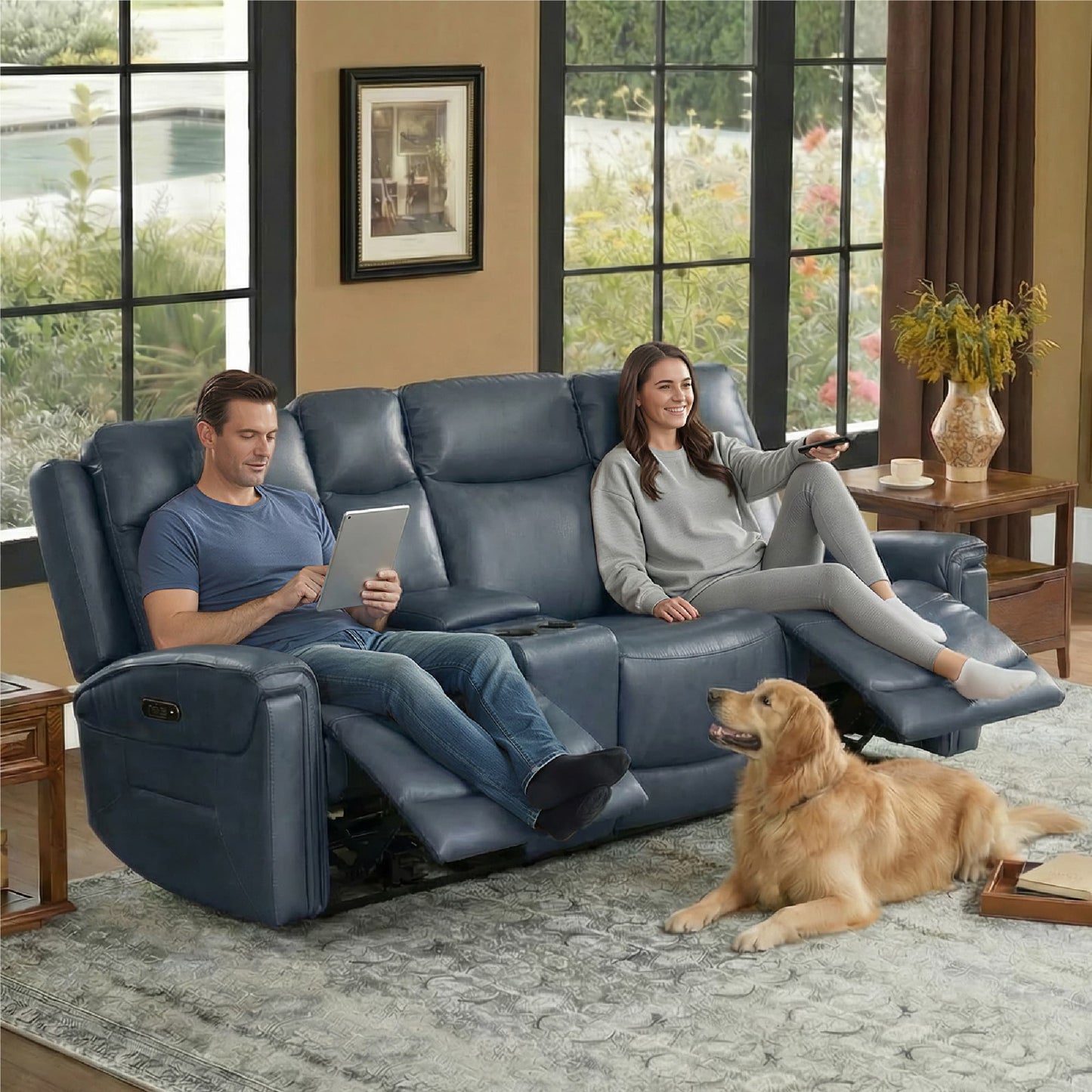 Modern Top-Grain Leather Zero Gravity Reclining Sofa