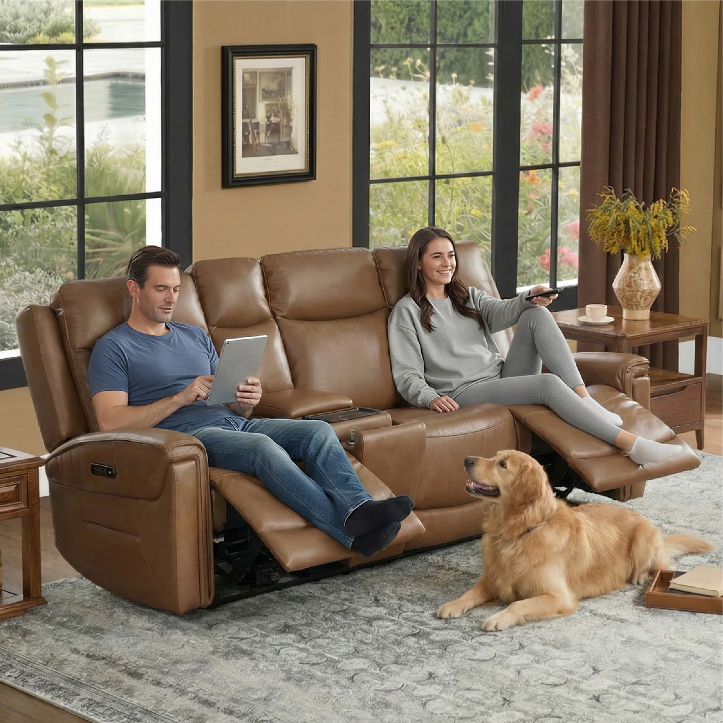 Modern Top-Grain Leather Zero Gravity Reclining Sofa