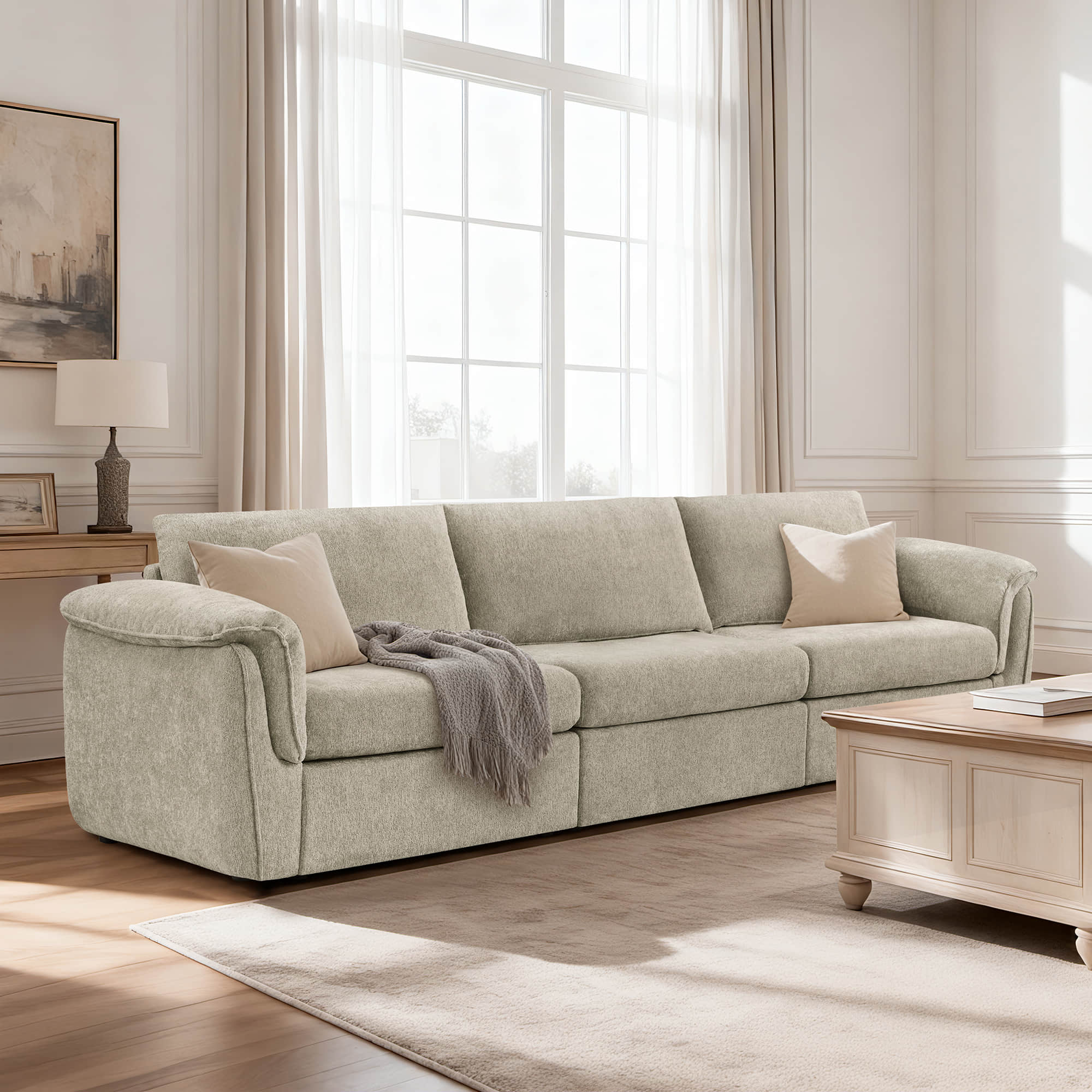 Modular 3-Seat Sofa with Double-Layer Armrests