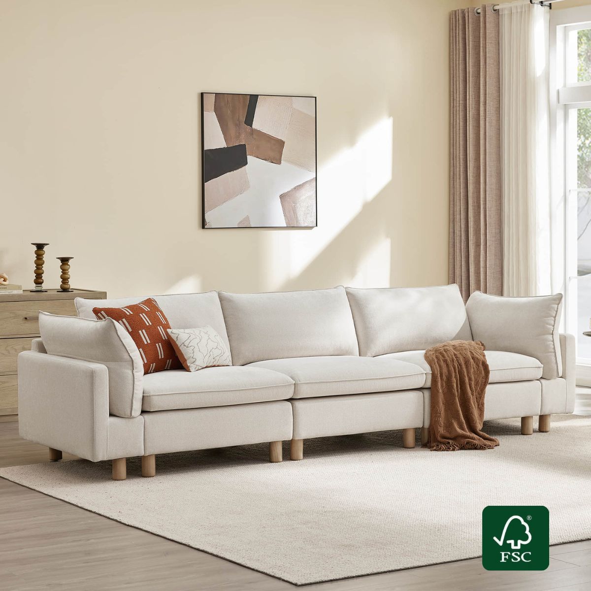 Modular 3-Seat Sofa with Wooden Legs in Neutral Fabric