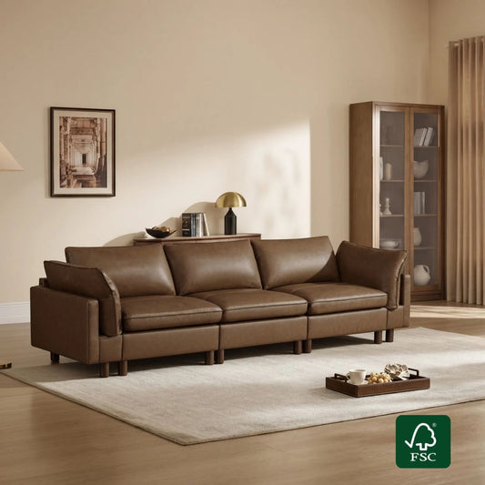 Modular 3-Seat Sofa with Wooden Legs in Neutral Fabric