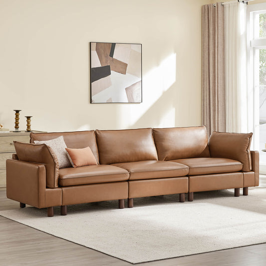 Modular 3-Seat Sofa with Wooden Legs in Neutral Fabric