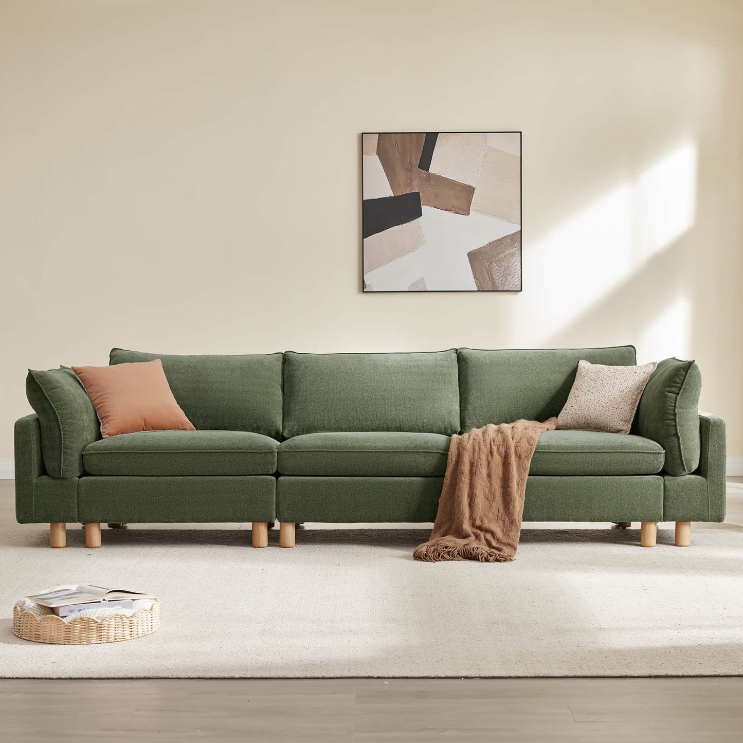 Modular 3-Seat Sofa with Wooden Legs in Neutral Fabric