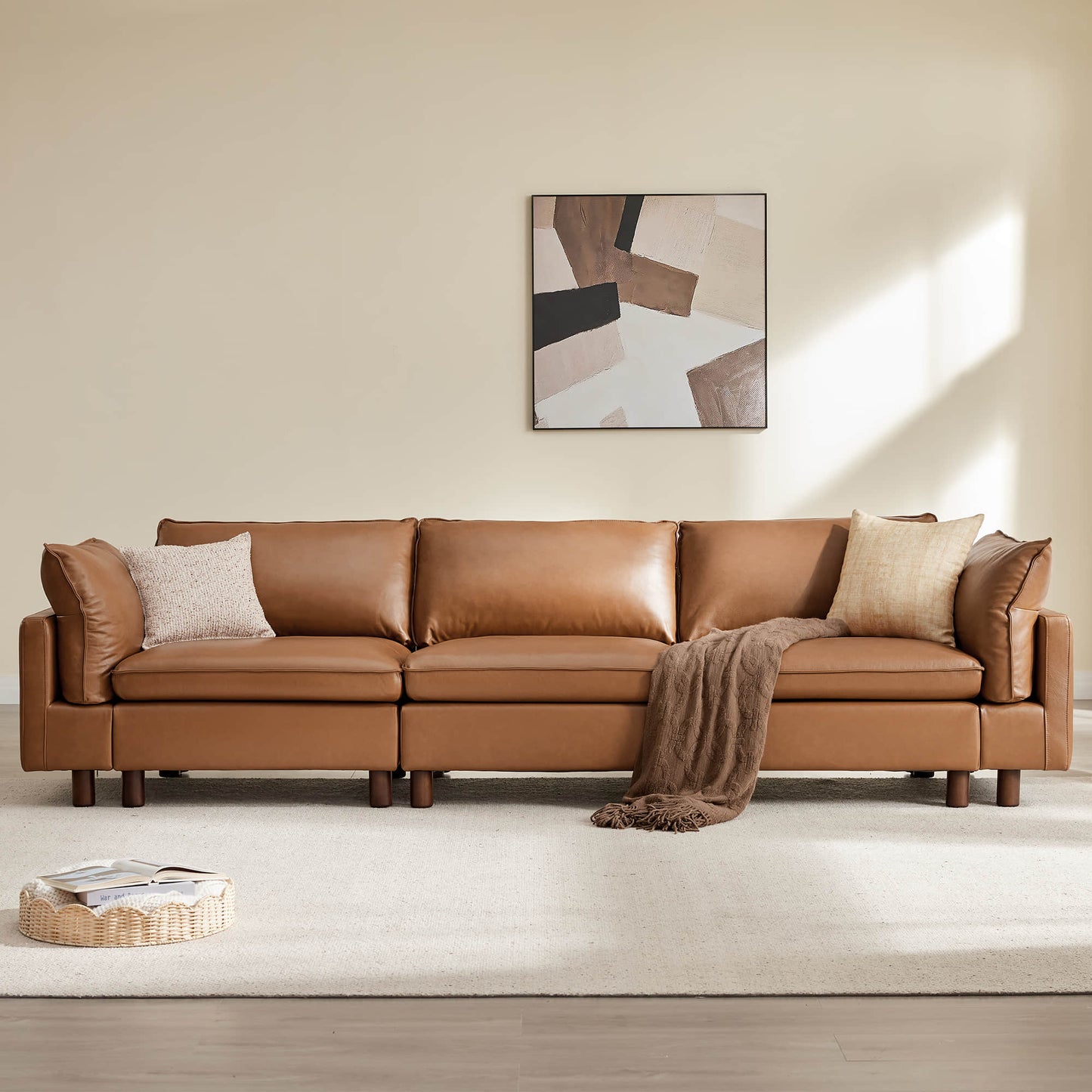 Modular 3-Seat Sofa with Wooden Legs in Neutral Fabric