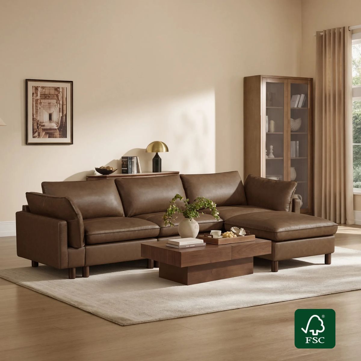 Modular 4-Seat Sectional Sofa with Wood Legs in Grey Fabric