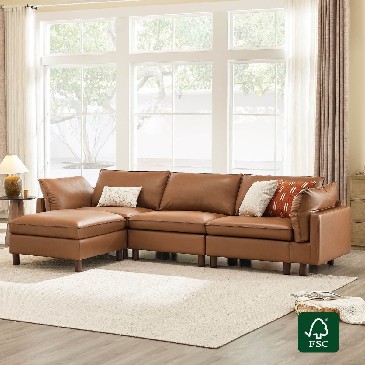 Modular 4-Seat Sectional Sofa with Wood Legs in Grey Fabric