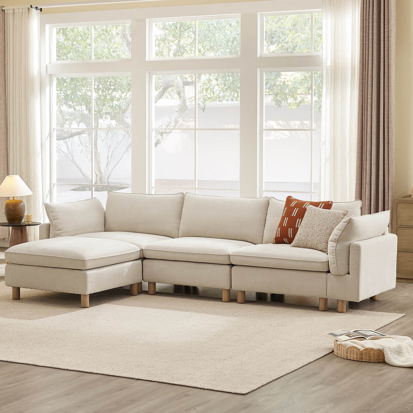 Modular 4-Seat Sectional Sofa with Wood Legs in Grey Fabric