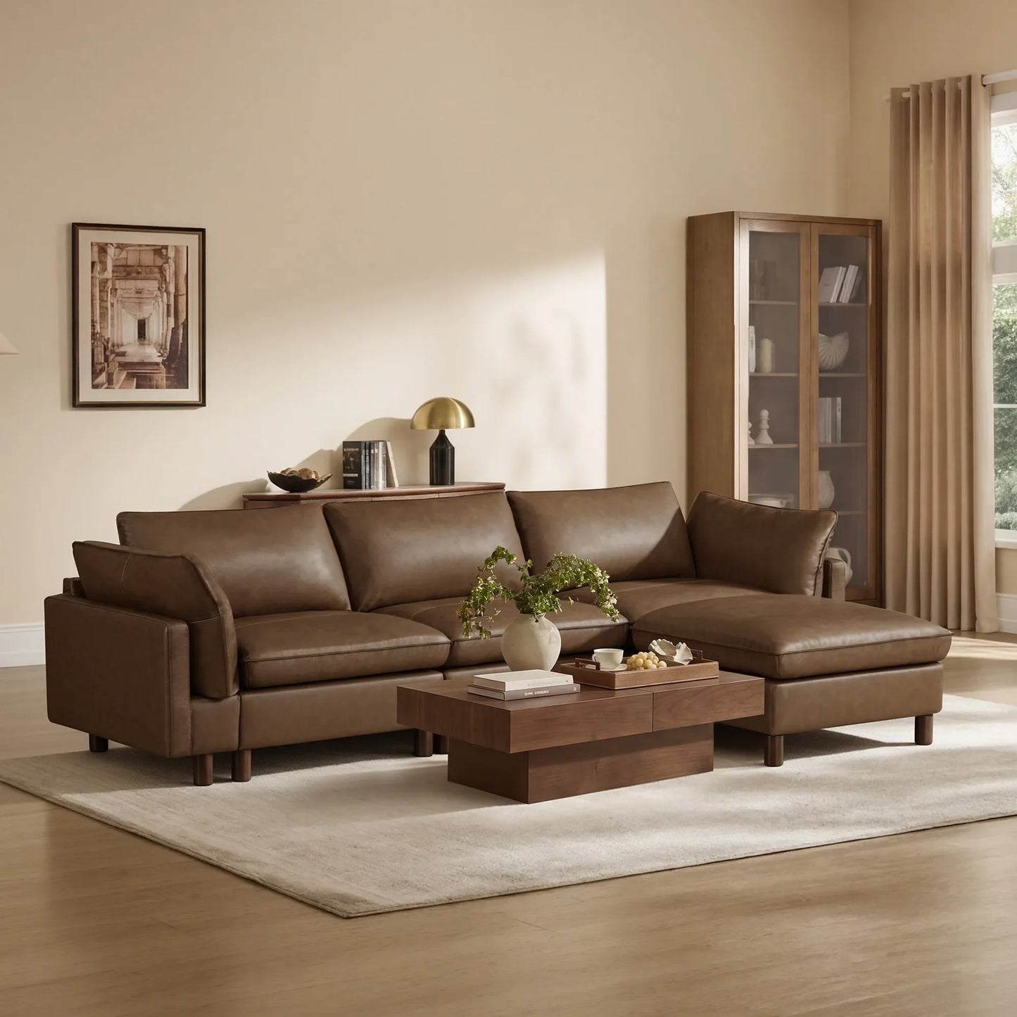 Modular 4-Seat Sectional Sofa with Wood Legs in Grey Fabric