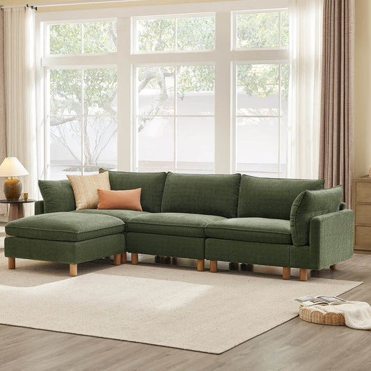 Modular 4-Seat Sectional Sofa with Wood Legs in Grey Fabric