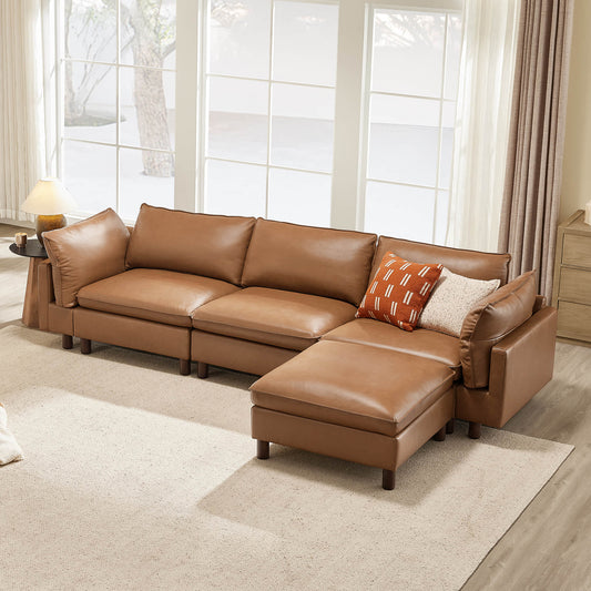 Modular 4-Seat Sectional Sofa with Wood Legs in Grey Fabric