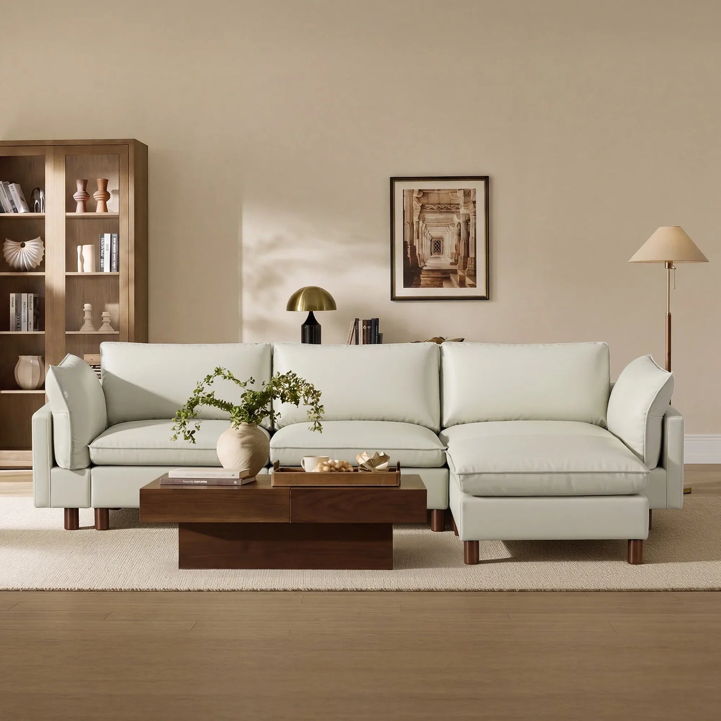 Modular 4-Seat Sectional Sofa with Wood Legs in Grey Fabric