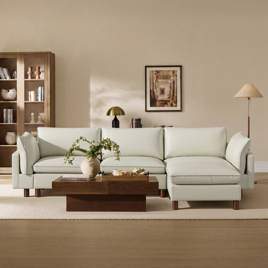 Modular 4-Seat Sectional Sofa with Wood Legs in Grey Fabric