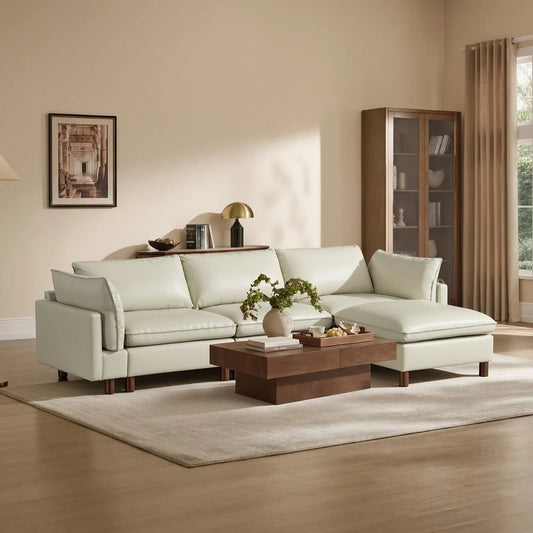 Modular 4-Seat Sectional Sofa with Wood Legs in Grey Fabric