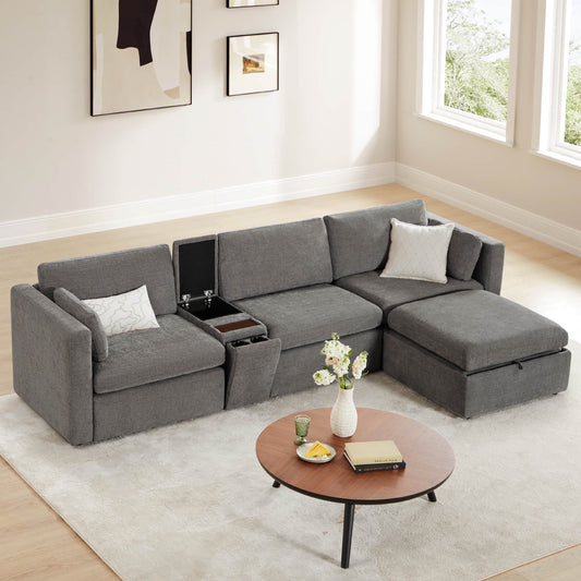 Modular 4-Seat Sofa Chaise with Storage Ottoman