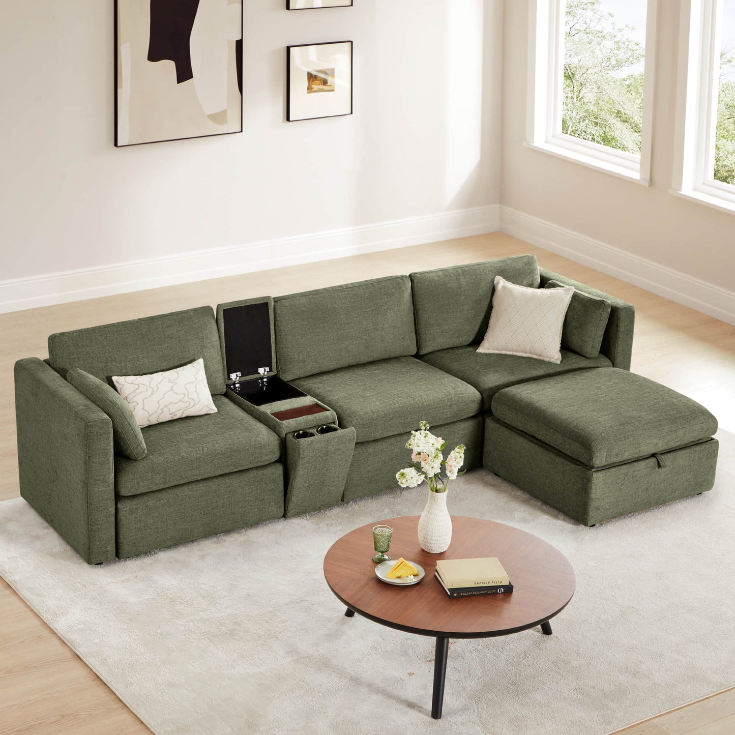 Modular 4-Seat Sofa Chaise with Storage Ottoman
