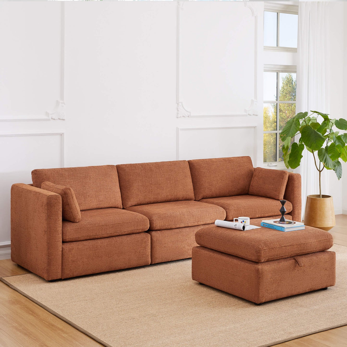 Modular 4-Seat Sofa Chaise with Storage Ottoman