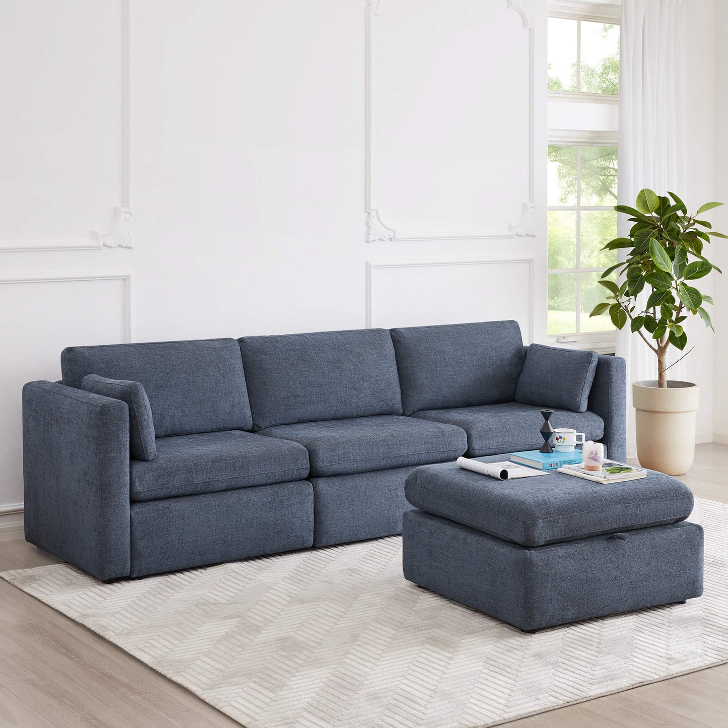 Modular 4-Seat Sofa Chaise with Storage Ottoman