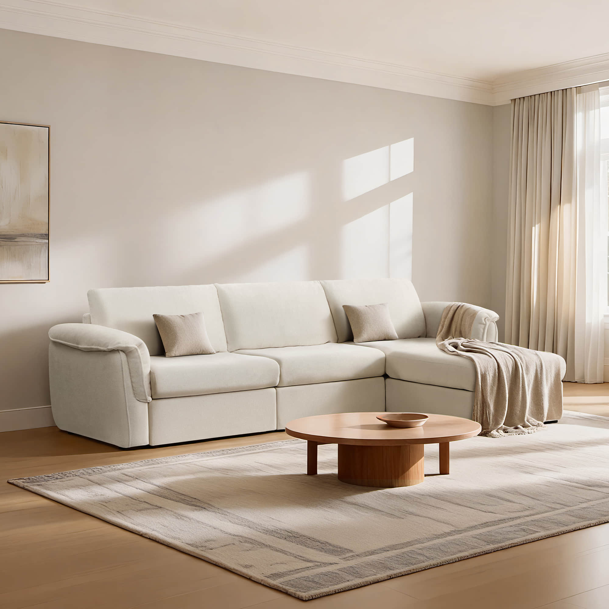 Modular 4-Seat Sofa with Storage Ottoman in Neutral Fabric
