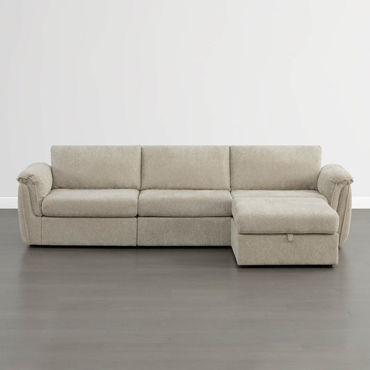 Modular 4-Seat Sofa with Storage Ottoman in Neutral Fabric