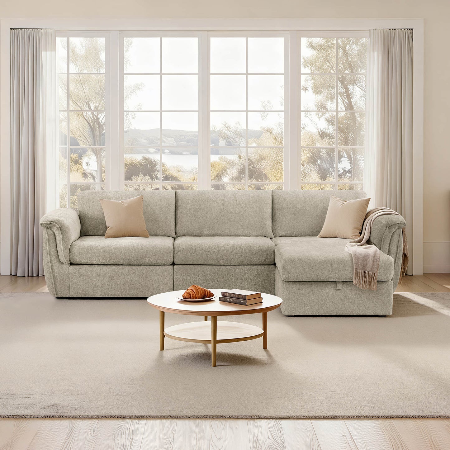Modular 4-Seat Sofa with Storage Ottoman in Neutral Fabric