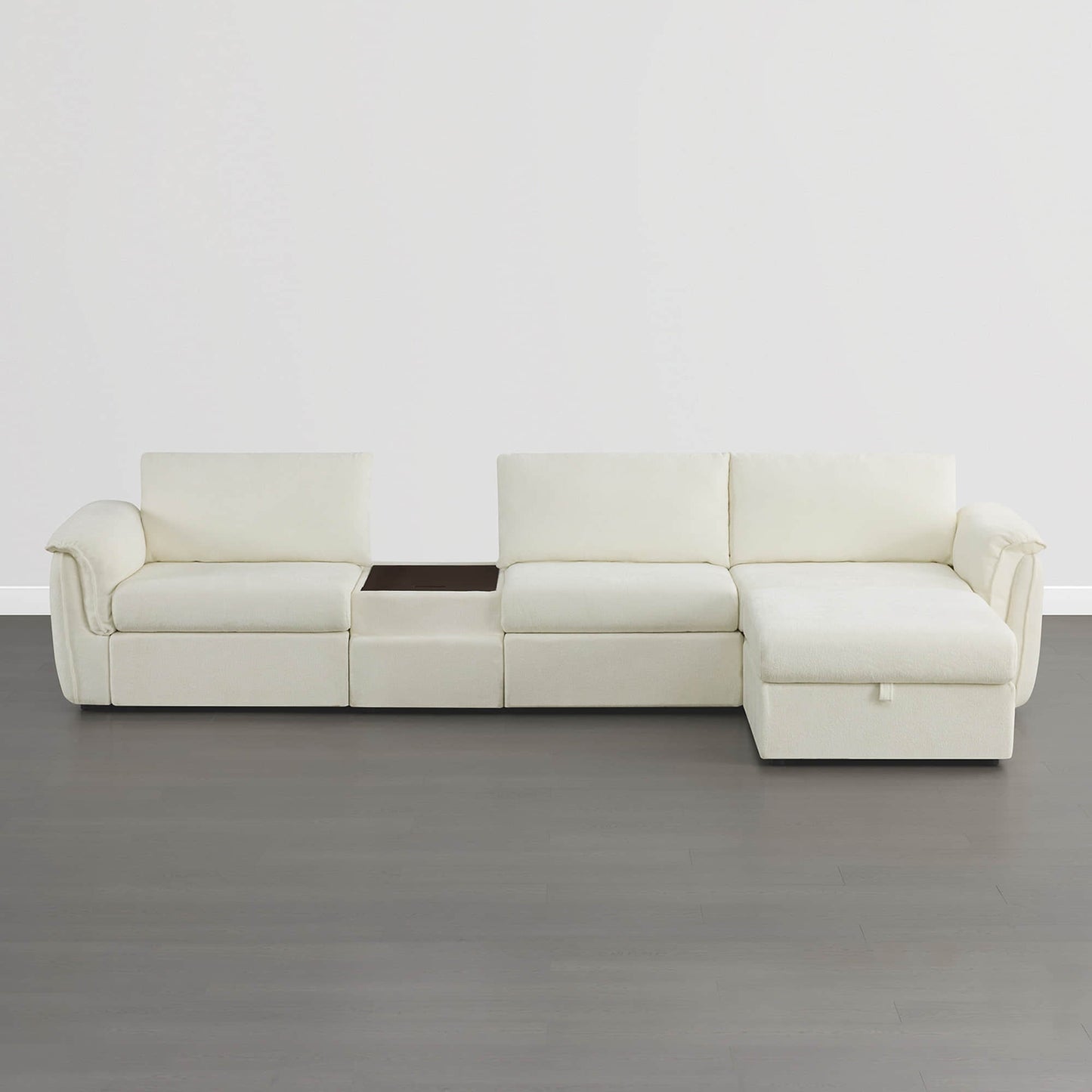 Modular 4-Seat Sofa with Storage Ottoman in Neutral Fabric