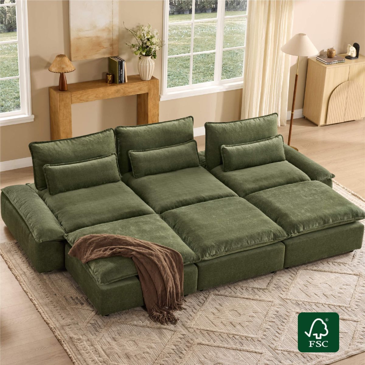 Modular Chenille 6-Seater Sofa with Adjustable Backrest