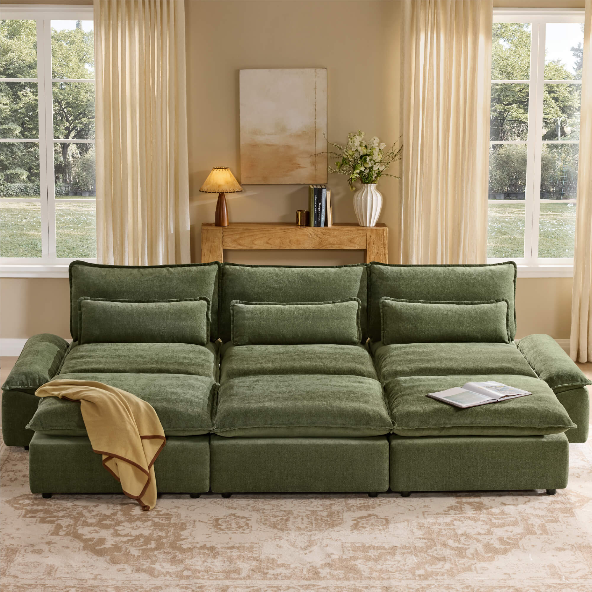Modular Chenille 6-Seater Sofa with Adjustable Backrest
