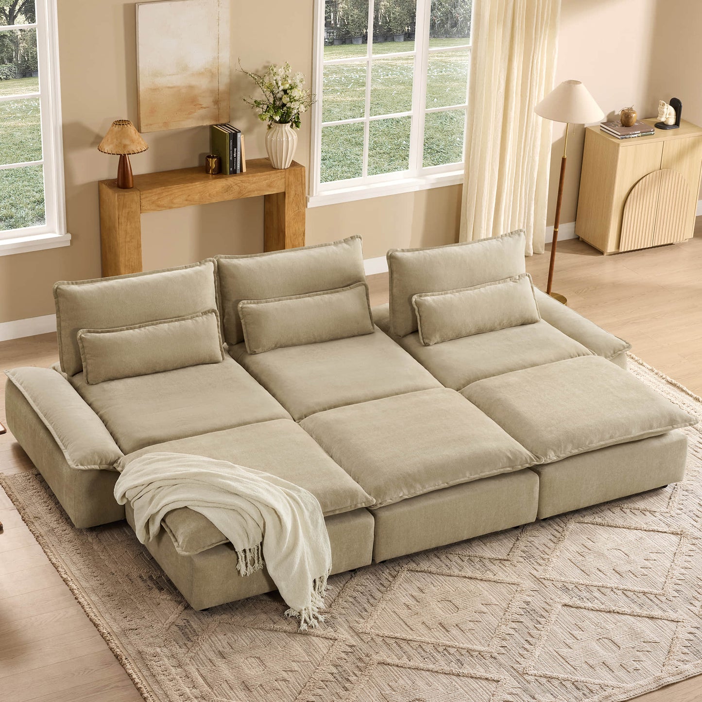 Modular Chenille 6-Seater Sofa with Adjustable Backrest