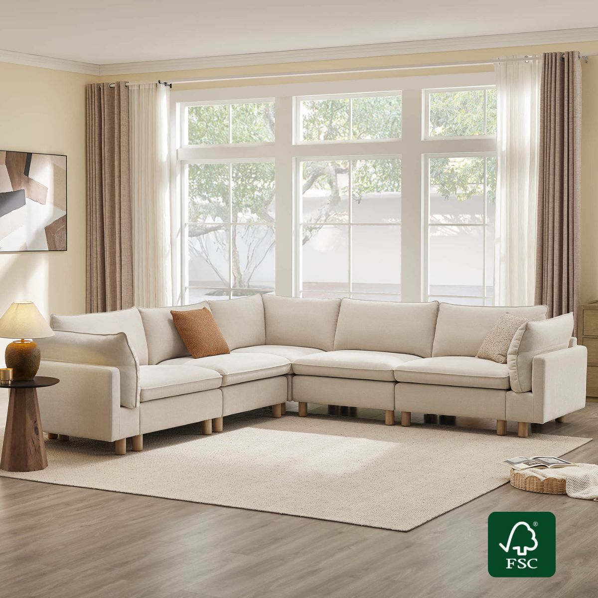 Modular Corner Sectional Sofa in Fabric with Wood Legs