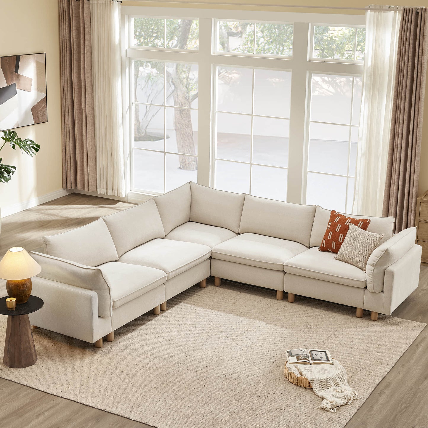 Modular Corner Sectional Sofa in Fabric with Wood Legs