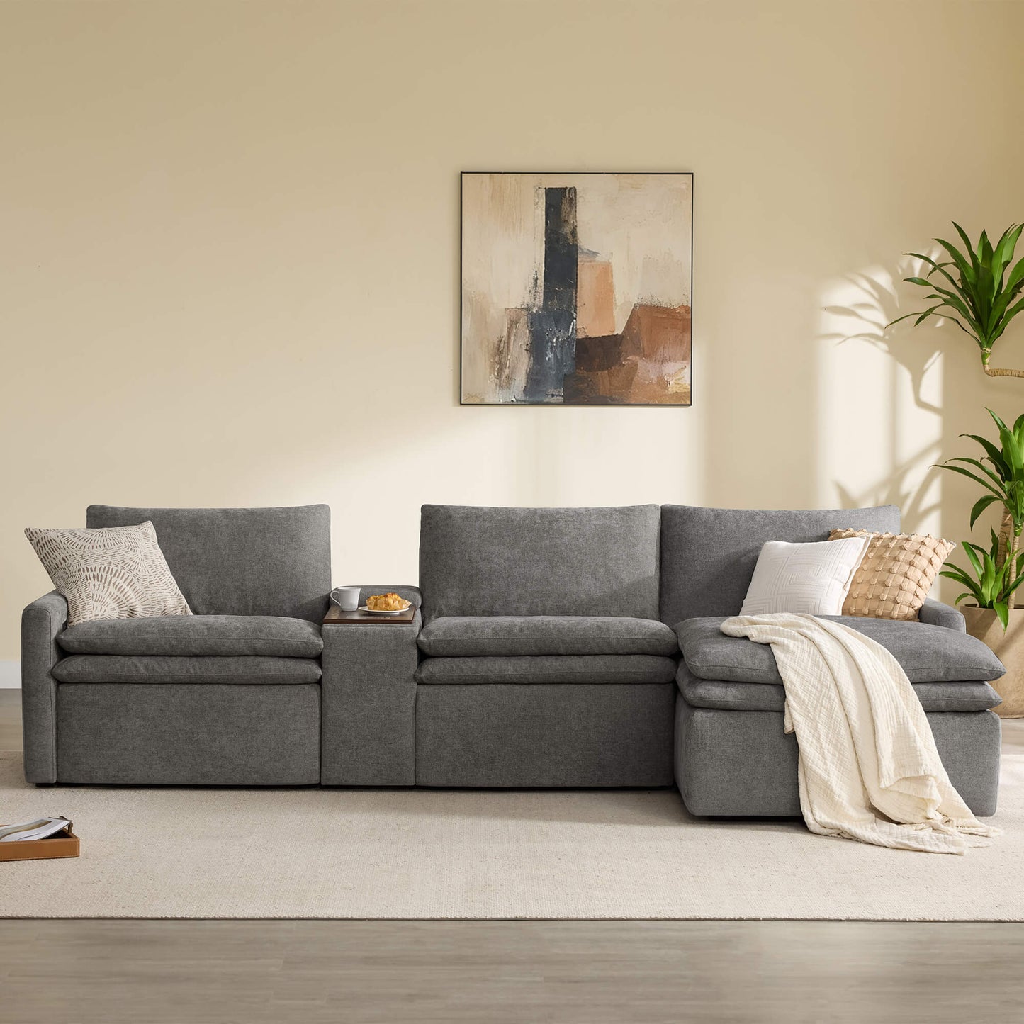 Modular Lay-Flat Reclining Sofa with Chaise in Dark Grey