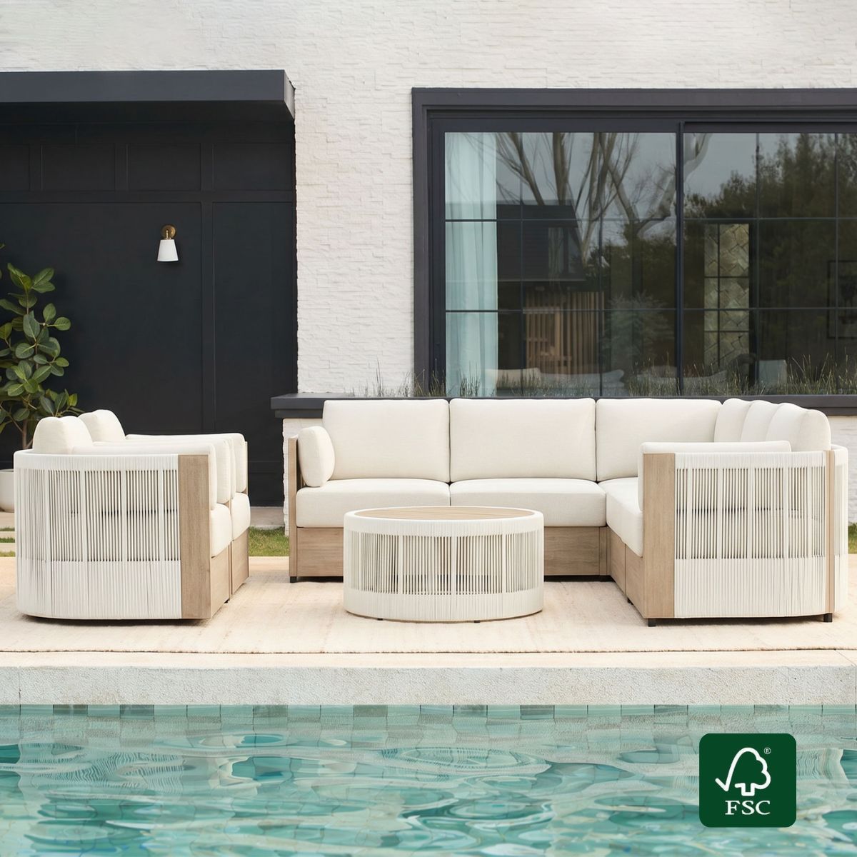 Modular Sectional Set in Acacia Wood with Rope Detailing