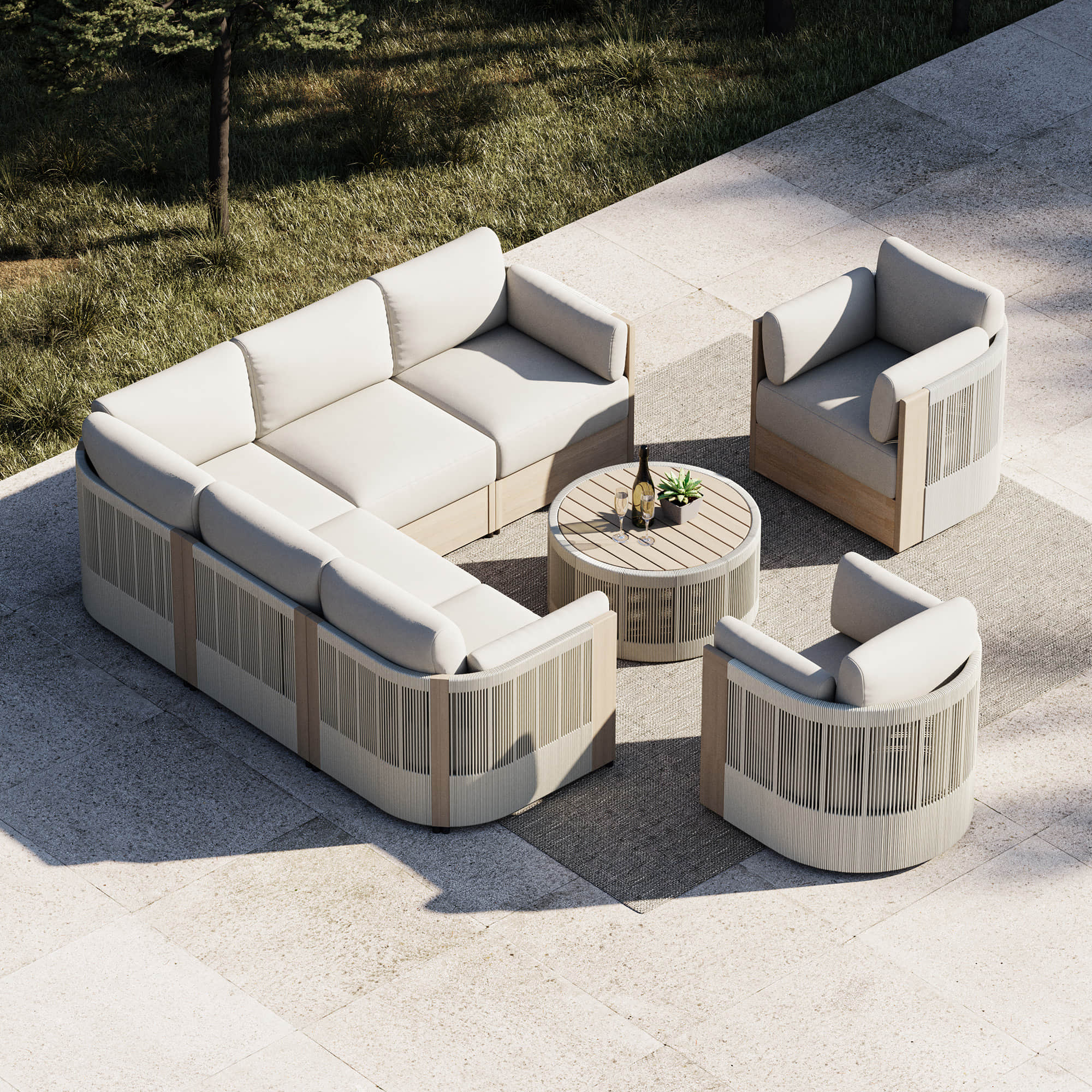 Modular Sectional Set in Acacia Wood with Rope Detailing