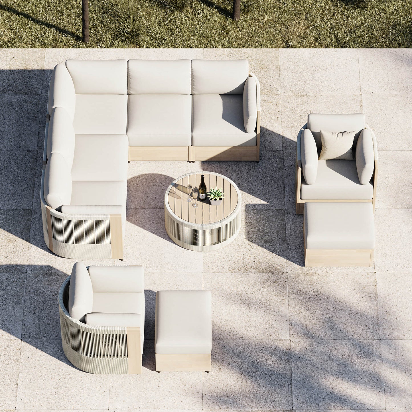 Modular Sectional Set in Acacia Wood with Rope Detailing