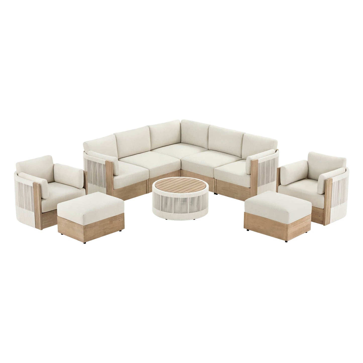 Modular Sectional Set in Acacia Wood with Rope Detailing