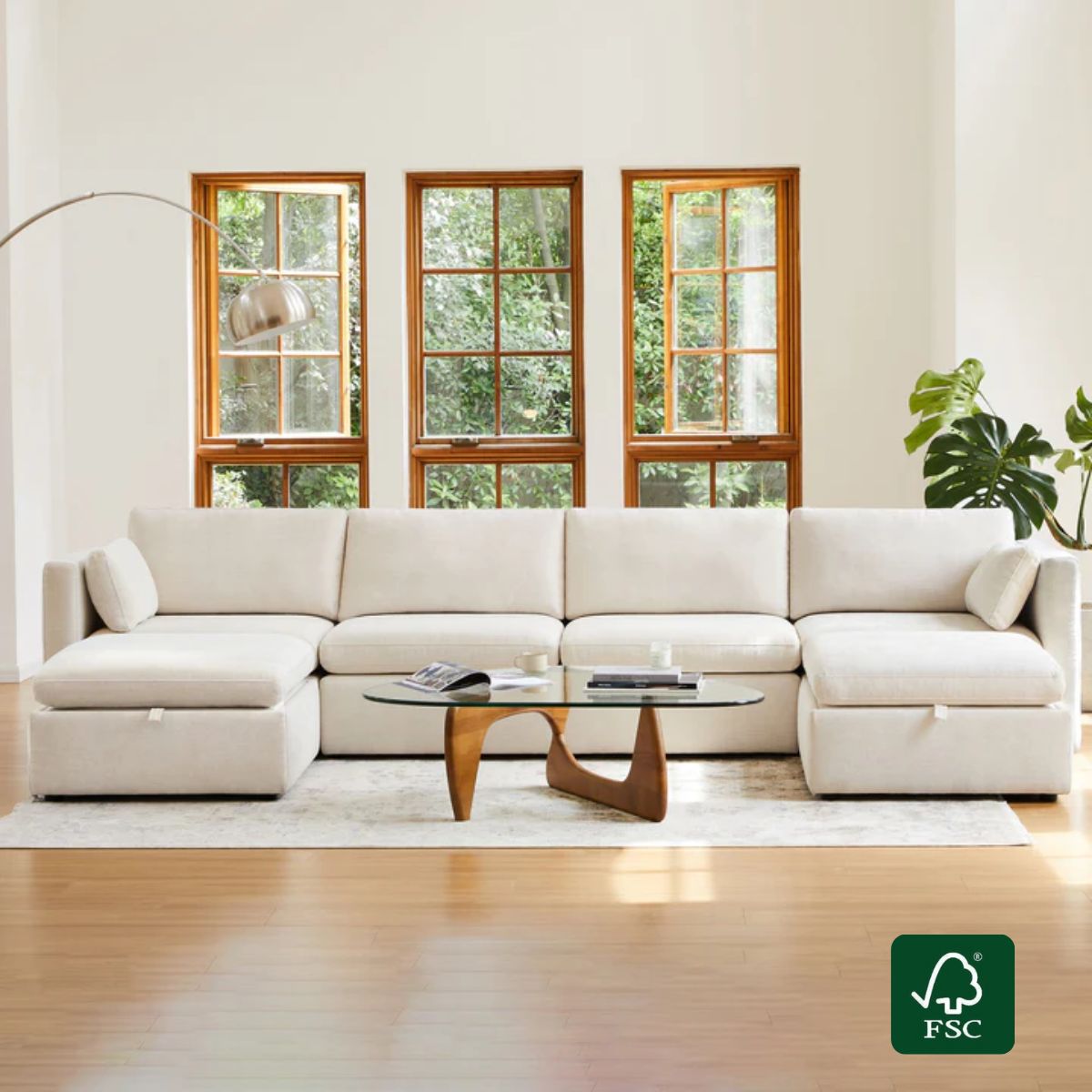 Modular Sofa Chaise in Grey with Storage Ottomans