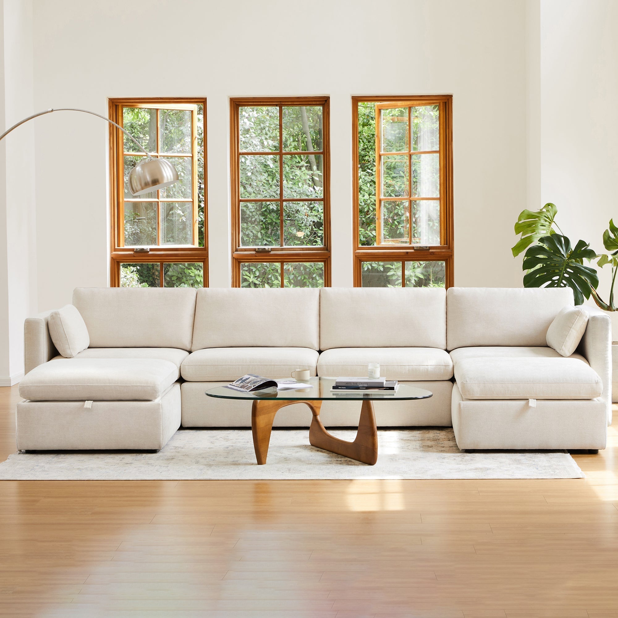 Modular Sofa Chaise in Grey with Storage Ottomans