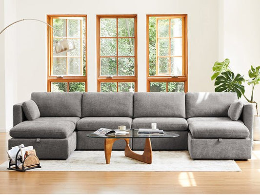 Modular Sofa Chaise in Grey with Storage Ottomans